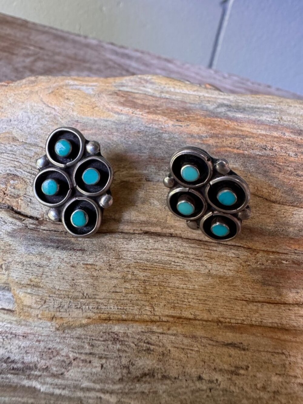 Vintage Sterling Silver Turquoise Cluster Stud Earrings Southwestern 23mm - Picture 2 of 8